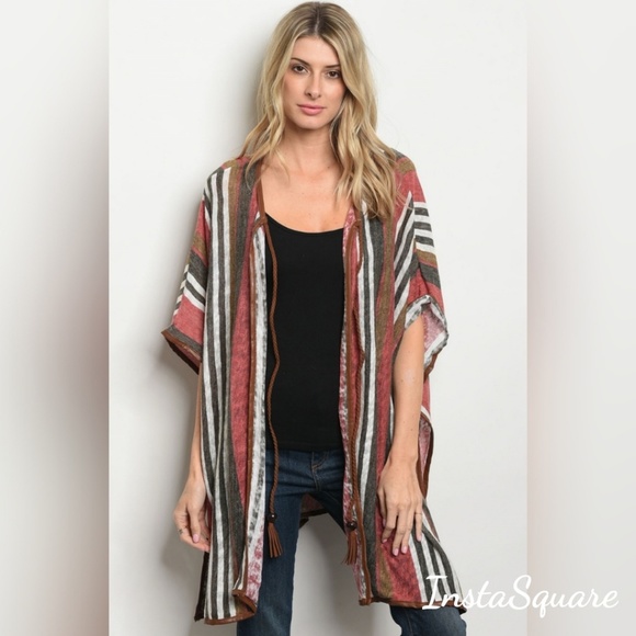 Sweaters - Short Kimono Sleeve Striped Slub Knit Kimono Cardi